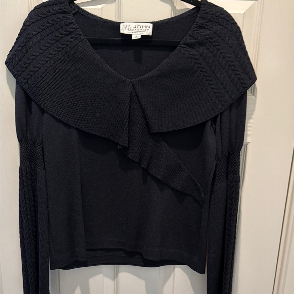 St. John Black V-Neck Knit Sweater with Wide Sculpted Collar